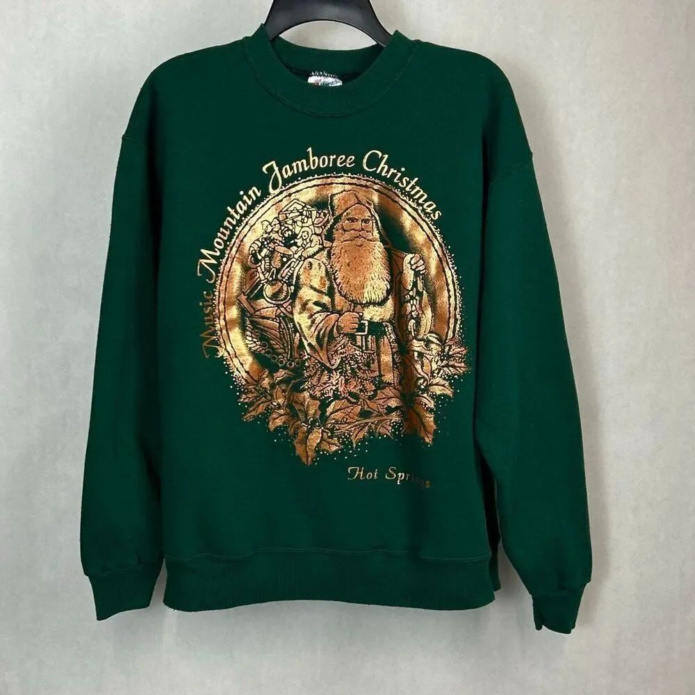 Vtg Mountain Jamboree Christmas Hot Spring Sweatshirt Green Gold Sz Large Metall